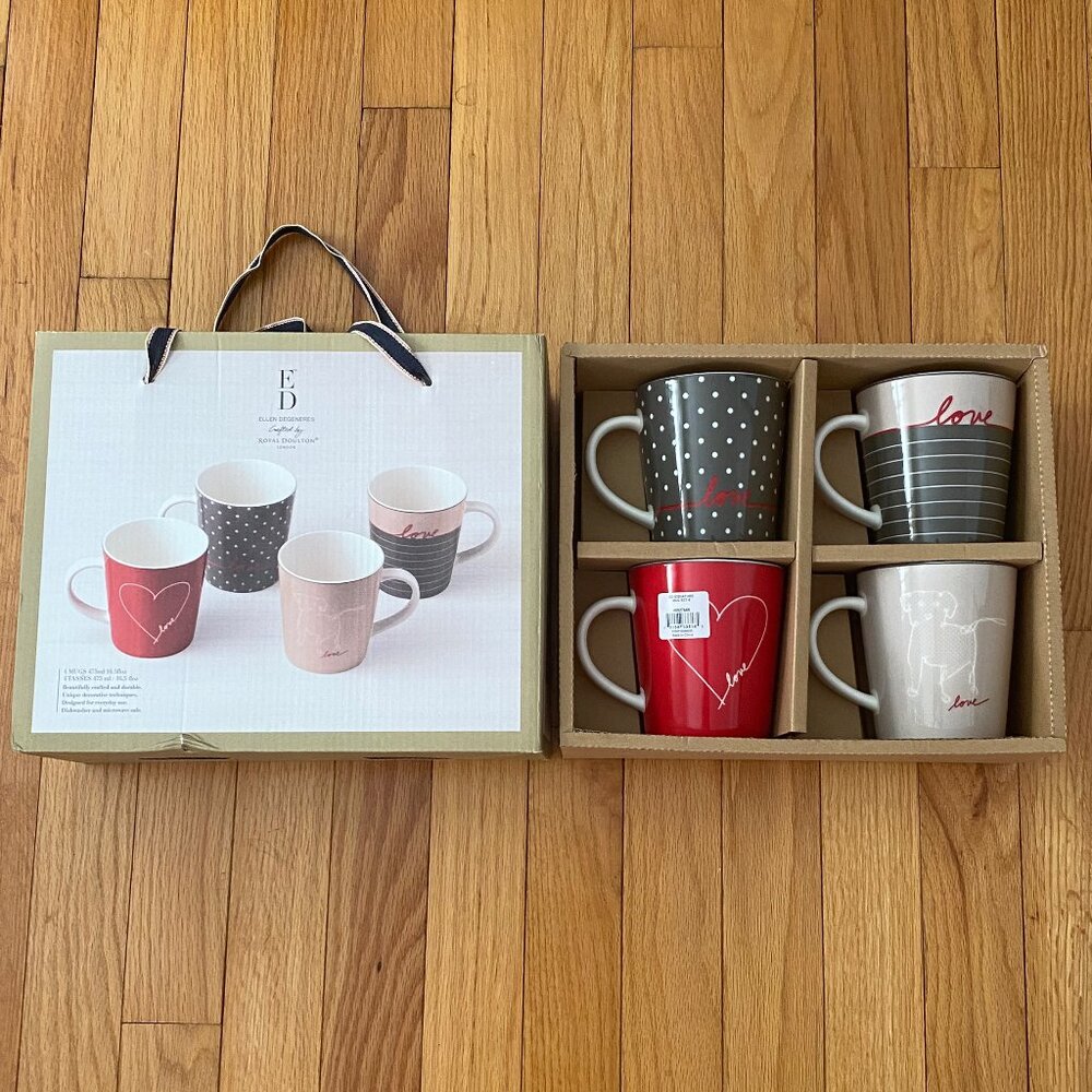 Ellen DeGeneres LOVE Mugs Set Of 4 Crafted By Royal Doulton NEW IN BOX with Tag